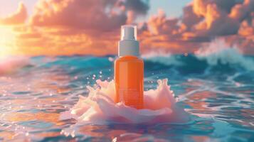 AI generated Close-up on a bottle of sun care cream with a cap open, ready for application, in the backdrop, a vibrant beach scene with waves crashing, symbolizing summer and protection photo