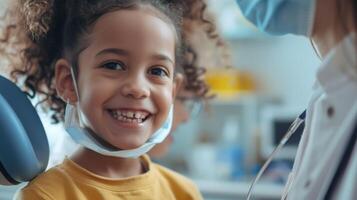 AI generated Young child smiling at the dentist after a successful treatment for tooth decay, close-up on the child's repaired teeth and the dentist's reassuring smile behind a mask photo