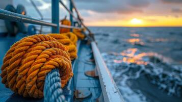 ai generado vibrante de cerca de un enroscado pescar red en el cubierta de un bote, mar y horizonte en suave enfocar, enfatizando el preparación y anticipación de un pescar expedición foto