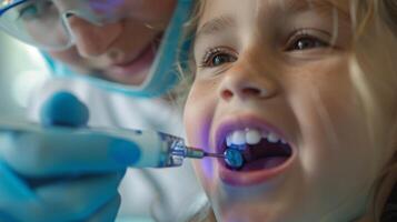 AI generated Close-up of a dentist applying fluoride treatment to a young child's teeth, focusing on the child's open mouth and the fluoride applicator, to highlight prevention of tooth decay photo