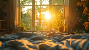 ai generado vibrante de cerca de un ventana en un dormitorio, el Mañana Dom echar un vistazo a través de, fundición patrones en el cama y paredes, encapsulando el tranquilo alegría de despertar arriba a luz de sol foto