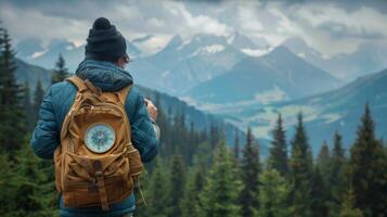 AI generated Hiker's hand gripping a shoulder bag with visible compass and map pocket, in the soft focus background tall trees stretch towards the sky, mountains loom in the distance photo