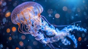 AI generated Jellyfish swimming in the ocean. 3D rendering with bokeh effect photo