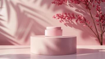 AI generated Skin care cream jar showcased on a cylindrical podium, soft pastel background enhancing the product's gentle appeal, focus on clean lines and simplicity photo