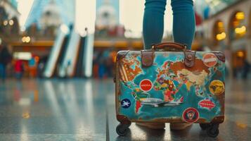 AI generated a stylish travel suitcase adorned with colorful stickers from around the world, standing next to a traveler's feet at an airport gate. The anticipation of a new journey. photo