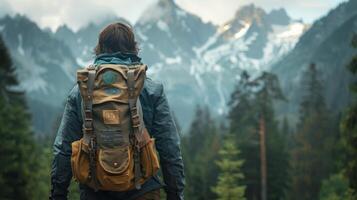 AI generated Detailed view of a hiker's shoulder bag with patches and hiking gear, blurred background of towering trees and mountain peaks, emphasizing readiness and the call of the wild photo