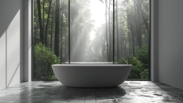 AI generated A minimalist bathroom designed with clean, sleek lines, featuring a large window that provides an unobstructed view of a serene forest. photo