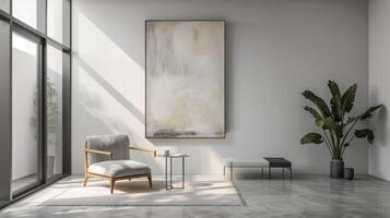 AI generated Interior of modern living room with white walls, concrete floor, gray armchair standing near coffee table and poster. 3d rendering photo