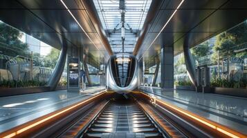 AI generated a futuristic scene showcasing a high-speed electric train gliding into an advanced electric train station photo