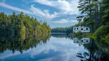 AI generated A serene scene of a modern RV parked at the edge of a tranquil lake photo