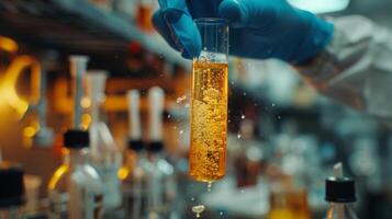 AI generated Close-up on a scientist's gloved hand holding a test tube with a bubbling, effervescent liquid, against the backdrop of a cluttered laboratory workbench photo