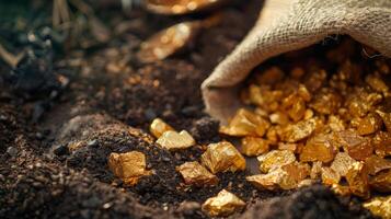 AI generated A bag containing natural gold that was poured into the ground. photo