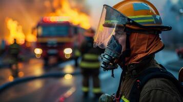 AI generated Close-up of a firefighter's helmet and gear, backlit by a massive fire, focus on the details of the protective wear, fire truck and hoses in the background photo