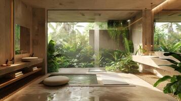 AI generated A minimalist bathroom overlooking a lush garden, where simplicity and nature converge. photo