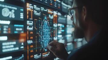 AI generated A business professional analyzing live cryptocurrency market data on a high-tech digital screen, reflecting the dynamic nature of digital currencies. photo