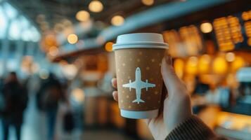 ai generado un de cerca de un café taza con un avión diseño en él, retenida por un viajero a un aeropuerto cafetería. el antecedentes capturas el temprano Mañana prisa de pasajeros foto