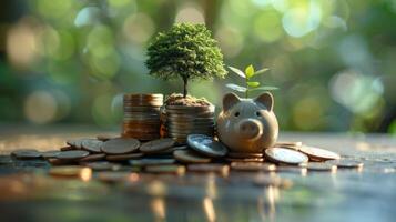 ai generado cerdito banco con monedas y árbol en de madera mesa con verde bokeh antecedentes foto