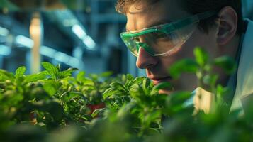 ai generado un científico en un laboratorio investigando batería tecnología para limpiar energía almacenamiento, rodeado por plantas a ilustrar el objetivo de secundario un vivo ambiente. foto