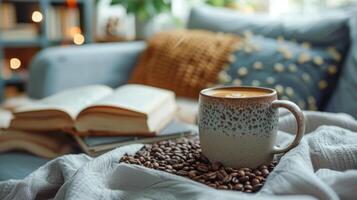 AI generated Cup of coffee with book on sofa in living room, closeup photo