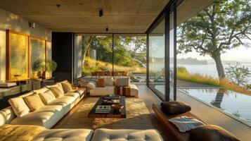 AI generated a close-up of the living area within a modern house, where floor-to-ceiling windows offer an unobstructed view of the natural landscape outside photo