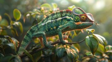 AI generated A chameleon balancing on a thin branch, its tongue mid-air, targeting an insect photo