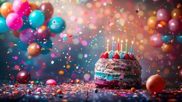 AI generated Birthday cake with candles and balloons on bokeh background. photo