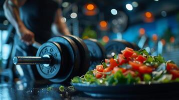 AI generated Detailed view of a person lifting weights in a gym, muscles tensing, with a backdrop of exercise equipment and blurred movement, nearby a plate of healthy food emphasizing nutrition photo