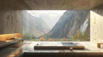 AI generated A sleek, minimalist bathroom set against the backdrop of a mountain range photo