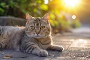 AI generated British short haired Cat Relaxing on a Sunny Cobblestone Path During Golden Hour. Generative AI. photo