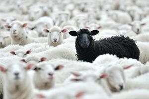 ai generado un soltero negro oveja soportes fuera entre un rebaño de blanco contrapartes en rural pasto campos creado con generativo ai tecnología foto