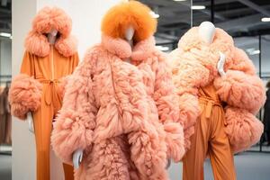 AI generated Three Mannequins Dressed in Peach Fuzz color Outfits Created With Generative AI Technology photo