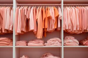 AI generated A Fashionable Closet Filled With an Abundance of Peach Fuzz Clothing Created With Generative AI Technology photo