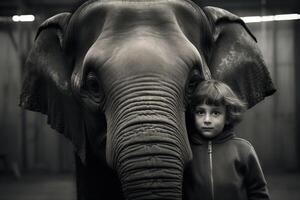 ai generado un majestuoso encuentro un pequeño niña en pie en temor siguiente a un amable gigante elefante creado con generativo ai tecnología foto