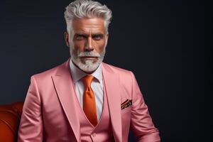 ai generado un elegante hombre en un melocotón pelusa color traje posando creado con generativo ai tecnología foto