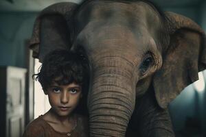 ai generado un curioso encuentro un joven chico y majestuoso elefante creado con generativo ai tecnología foto