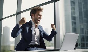 ai generado un joven empresario, gerente en un formal traje en el oficina en frente de un computadora portátil, se regocija a el resultados de su trabajar, emocionalmente celebra su victoria. foto