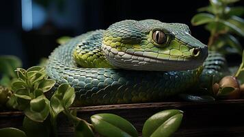 AI generated The green tree snake is curled up in a ball, looking at the middle of the green leaves photo