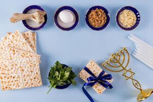 Beautiful festive background for the delay of Jewish Passover. Top view, flat layout, copy of space. postcard. frame. photo