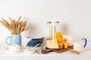 Cheese, milk, cottage cheese, sour cream for Shavuot in blue and white ceramic dishes. white background. Front view. photo