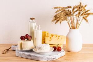 festive still life for the Jewish holiday of Shavuot. Several types of cheese, bottled milk, grapes. A white vase with ears of corn. Front view. photo