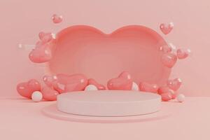 3d rendering of podium display with heart and pink ball, happy valentines day background. photo