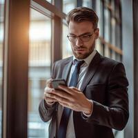 ai generado joven empresario usos un teléfono inteligente en pie por el ventana, ai genera foto