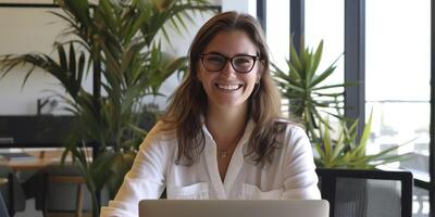 AI generated Modern Professionalism, An American HR Manager, Clad in a Shirt, Seated in Front of a Laptop, Embodies Contemporary Corporate Style photo