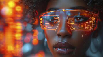 ai generado surrealista cyberpunk Odisea, africano americano mujer, un virtual realidad pirata informático, rodeado por holográfico código, futurista ui, y virtual paisajes foto