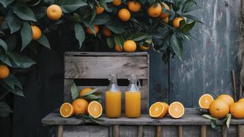 AI generated Battle of orange juice next to a tree with oranges on it photo