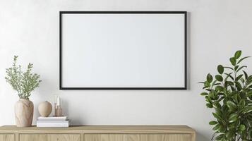 AI generated Blank Poster Frame Adorning a White Wall in a Living Room, Complemented by a Wooden Sideboard and a Touch of Greenery photo