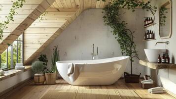 ai generado un hermosa inclinado techo elegante baño. foto
