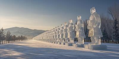 ai generado glacial guardianes, terracota guerreros esculpido en hielo, en pie majestuoso en un Nevado paisaje foto