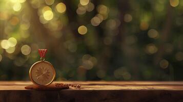 AI generated Gold medal on a wooden table bokeh background photo