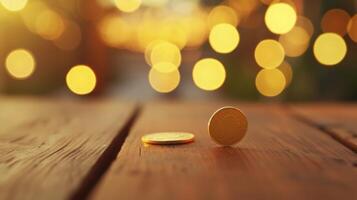 AI generated Gold medal on a wooden table bokeh background photo